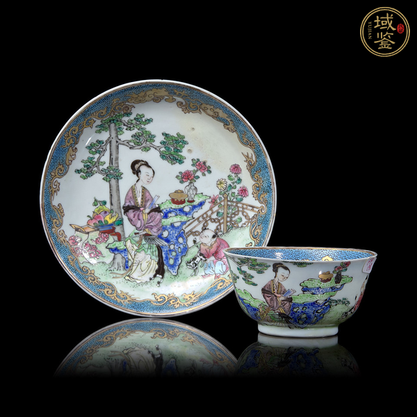 古玩粉彩教子圖人物紋杯碟真品鑒賞圖