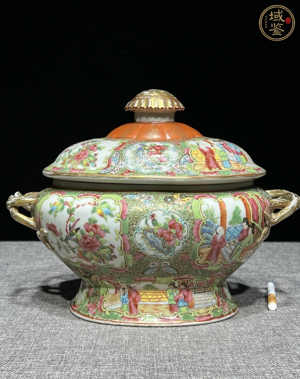 古玩晚清.廣彩人物花鳥紋雙柄大蓋罐真品鑒賞圖