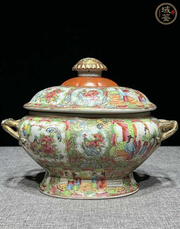 古玩陶瓷晚清.廣彩人物花鳥紋雙柄大蓋罐真品鑒賞圖