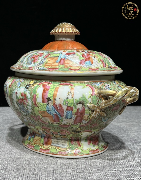 古玩陶瓷晚清.廣彩人物花鳥紋雙柄大蓋罐真品鑒賞圖