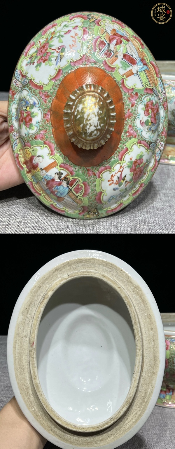 古玩陶瓷晚清.廣彩人物花鳥紋雙柄大蓋罐真品鑒賞圖