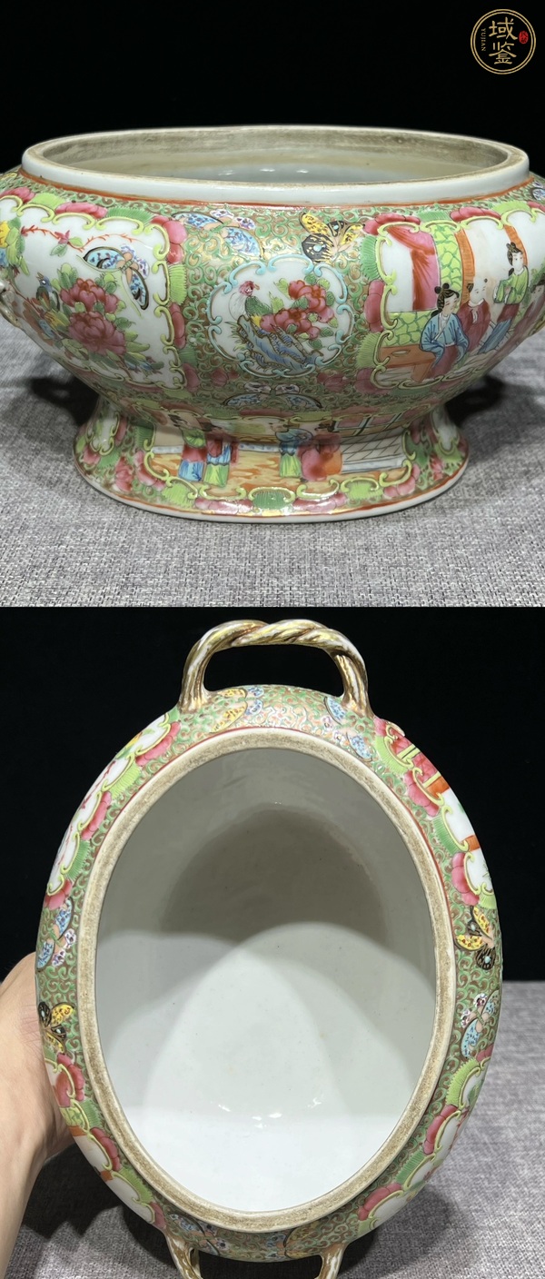 古玩陶瓷晚清.廣彩人物花鳥紋雙柄大蓋罐真品鑒賞圖
