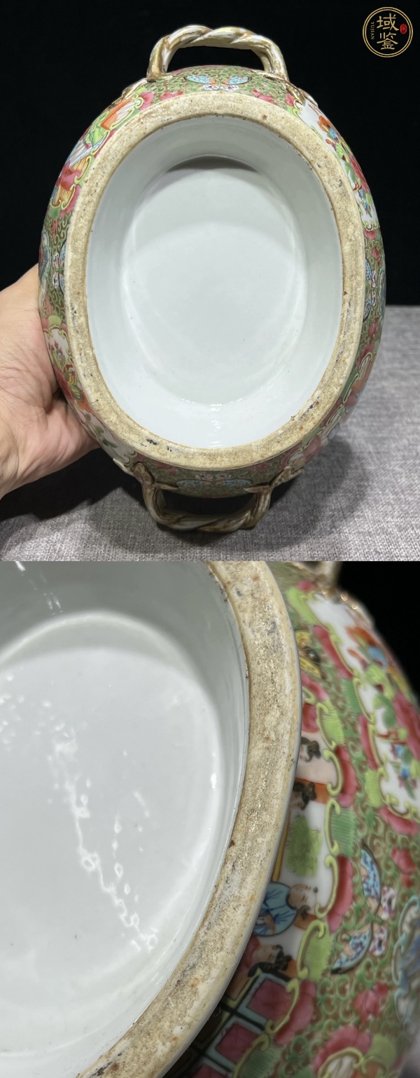 古玩陶瓷晚清.廣彩人物花鳥紋雙柄大蓋罐真品鑒賞圖