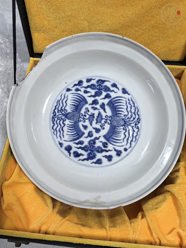古玩陶瓷青花對頭鳳紋盤真品鑒賞圖