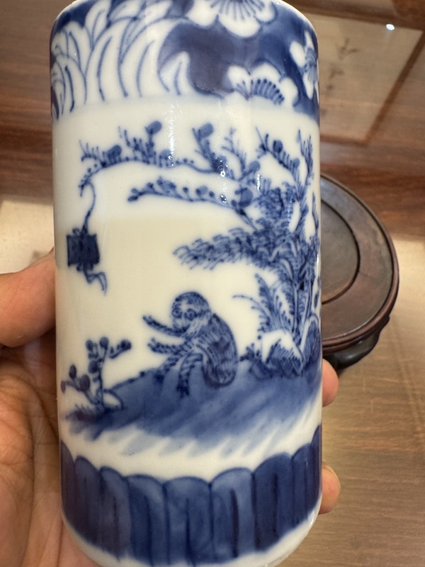 古玩陶瓷清光緒 青花封侯圖筆筒拍賣，當前價格188元