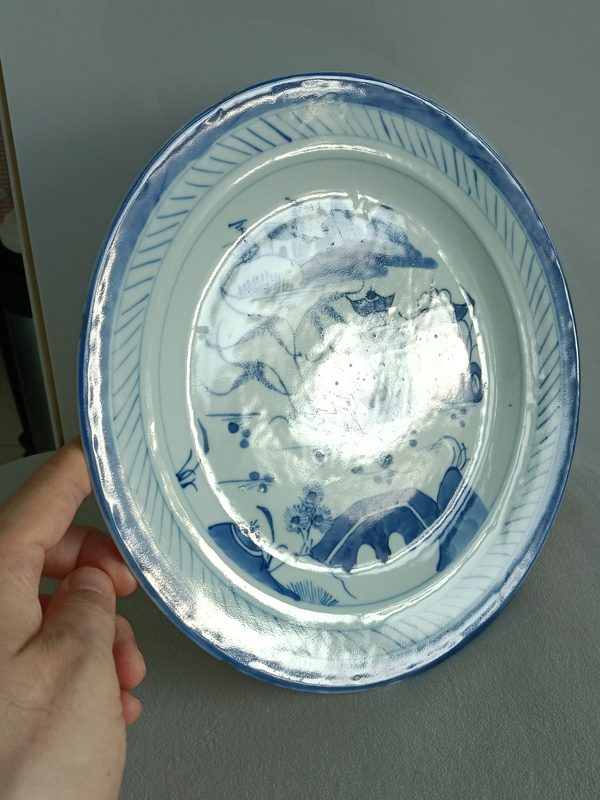 古玩陶瓷青花亭臺樓閣山水紋盤拍賣，當前價格388元