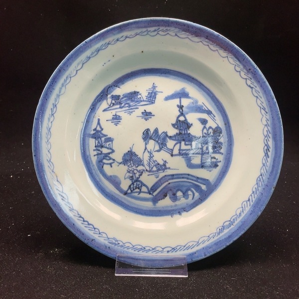古玩轉賣清乾隆樓臺亭閣山水紋青花盤拍賣，當前價格1800元