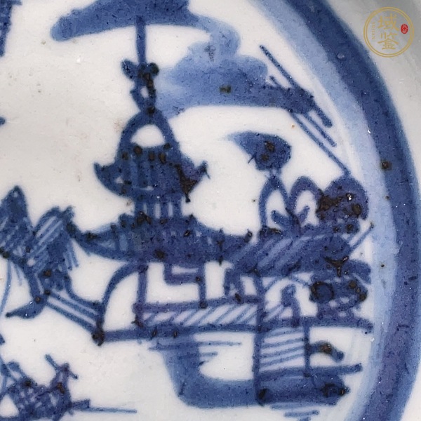 古玩陶瓷樓臺(tái)亭閣山水紋青花盤真品鑒賞圖