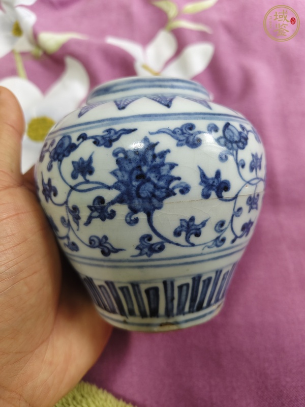 古玩陶瓷明中期 青花纏枝花卉紋罐真品鑒賞圖