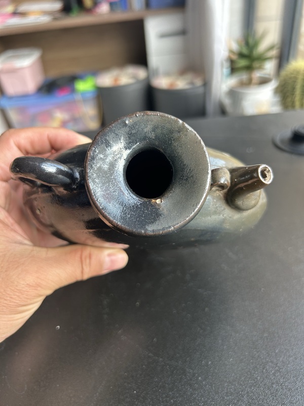 古玩陶瓷金元耀州窯黑釉樹葉紋扁壺（西夏中號）拍賣，當前價格550元