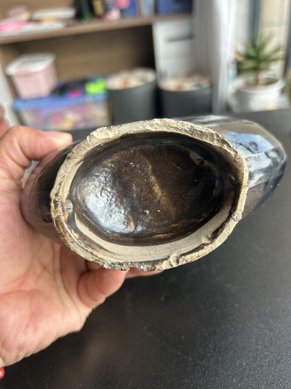 古玩陶瓷金元耀州窯黑釉樹葉紋扁壺（西夏中號）拍賣，當前價格550元