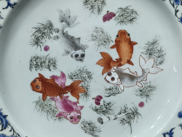 古玩陶瓷清雍正·粉彩魚藻紋盤拍賣,當前價格3018元