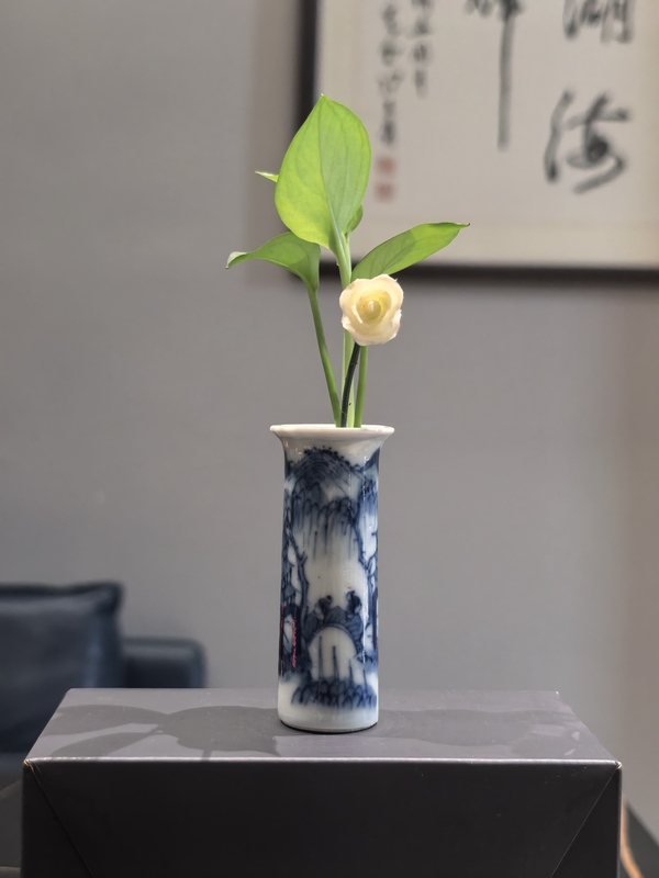 古玩陶瓷晚清青花山水人物紋花插拍賣，當前價格1888元