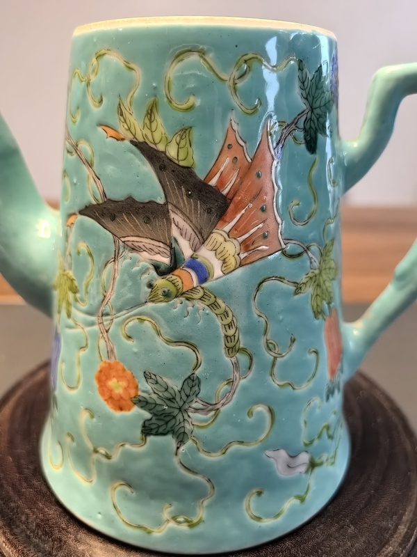 古玩陶瓷超細路松石綠粉彩瓜瓞綿綿圖茶壺拍賣，當前價格1380元