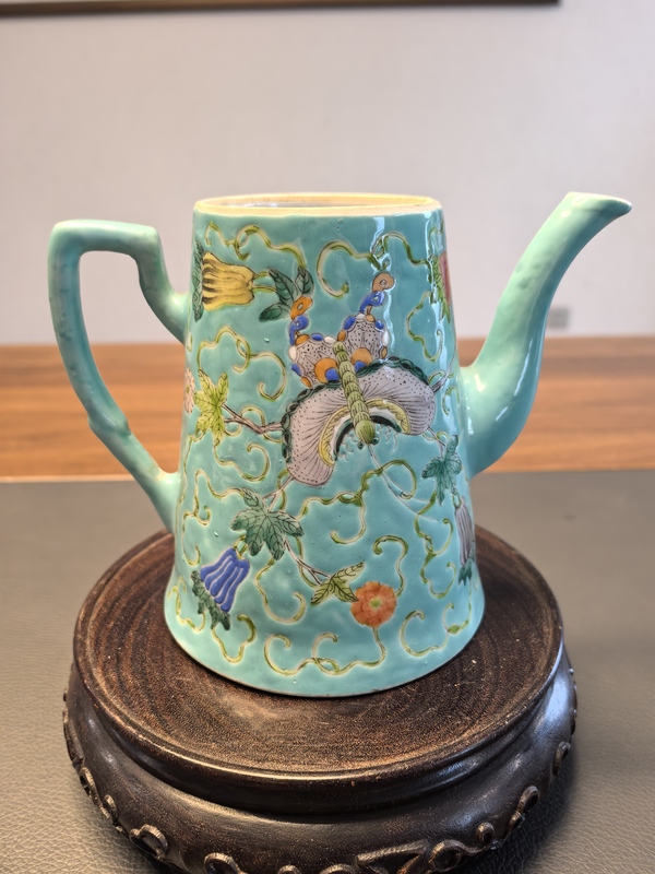古玩陶瓷超細路松石綠粉彩瓜瓞綿綿圖茶壺拍賣,當前價格1380元