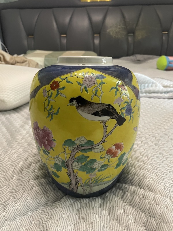 古玩轉賣【優品】清光緒·灑藍開窗黃地富貴白頭紋罐拍賣，當前價格299元