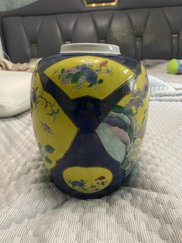 古玩陶瓷【優(yōu)品】清光緒·灑藍(lán)開窗黃地富貴白頭紋罐拍賣，當(dāng)前價(jià)格7999元