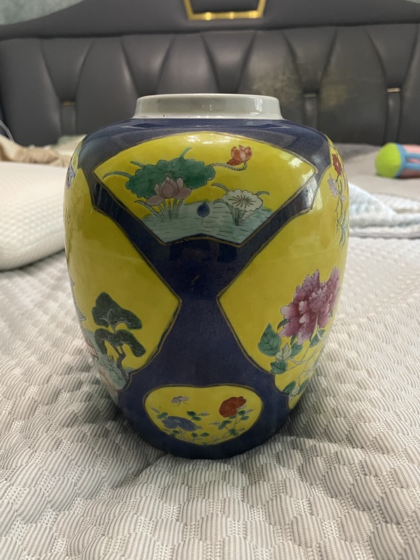 古玩陶瓷【優(yōu)品】清光緒·灑藍(lán)開窗黃地富貴白頭紋罐拍賣，當(dāng)前價(jià)格7999元