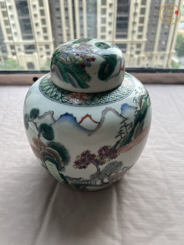 古玩陶瓷清光緒粉彩山水高士圖蓋罐真品鑒賞圖