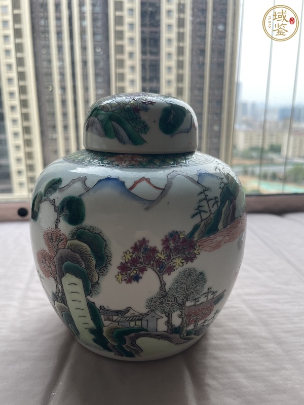 古玩清光緒粉彩山水高士圖蓋罐真品鑒賞圖