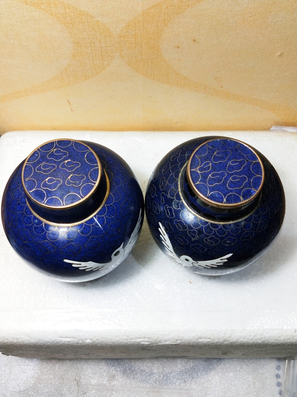 古玩雜項創匯時期 .景泰藍銅胎掐絲琺瑯花鳥紋小罐一對拍賣,當前價格368元