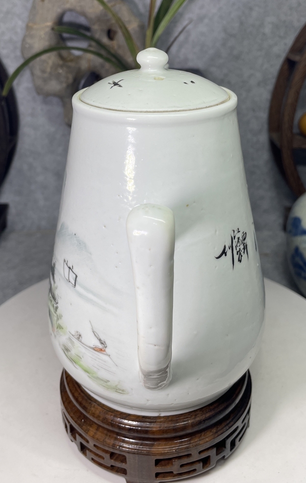 古玩陶瓷民國-淺絳彩山水人物紋茶壺拍賣，當前價格1369元