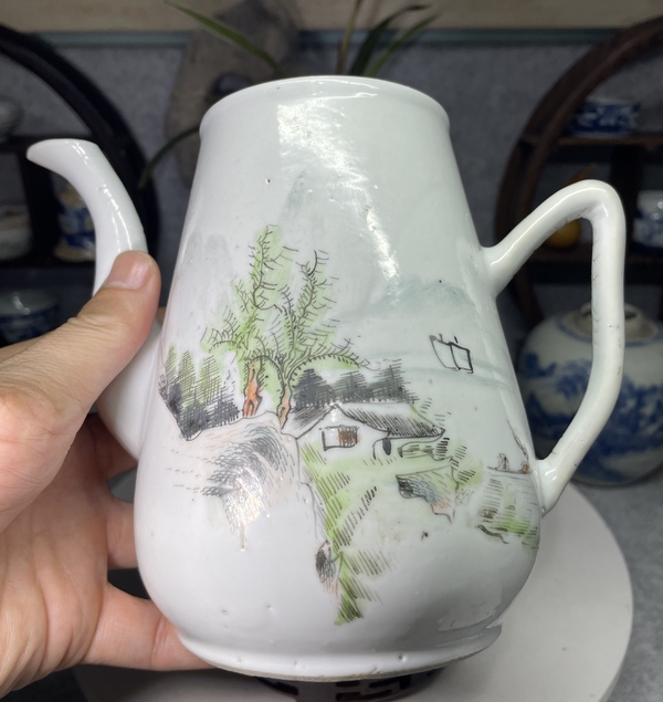 古玩陶瓷民國-淺絳彩山水人物紋茶壺拍賣，當前價格1369元