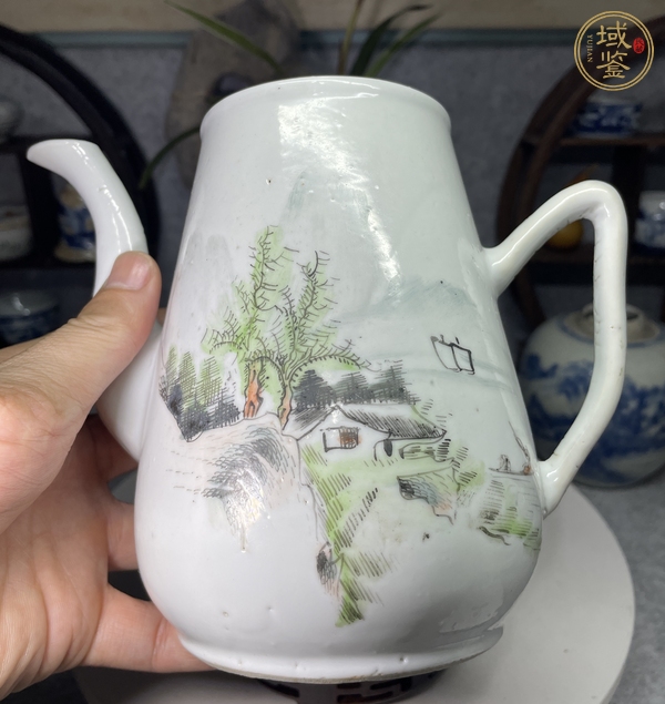 古玩陶瓷淺絳彩山水人物紋茶壺真品鑒賞圖