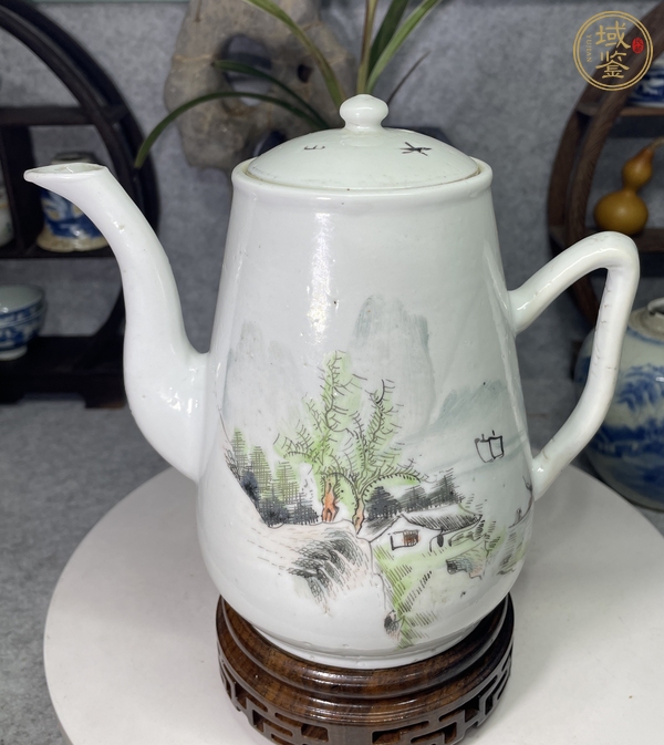 古玩陶瓷淺絳彩山水人物紋茶壺真品鑒賞圖