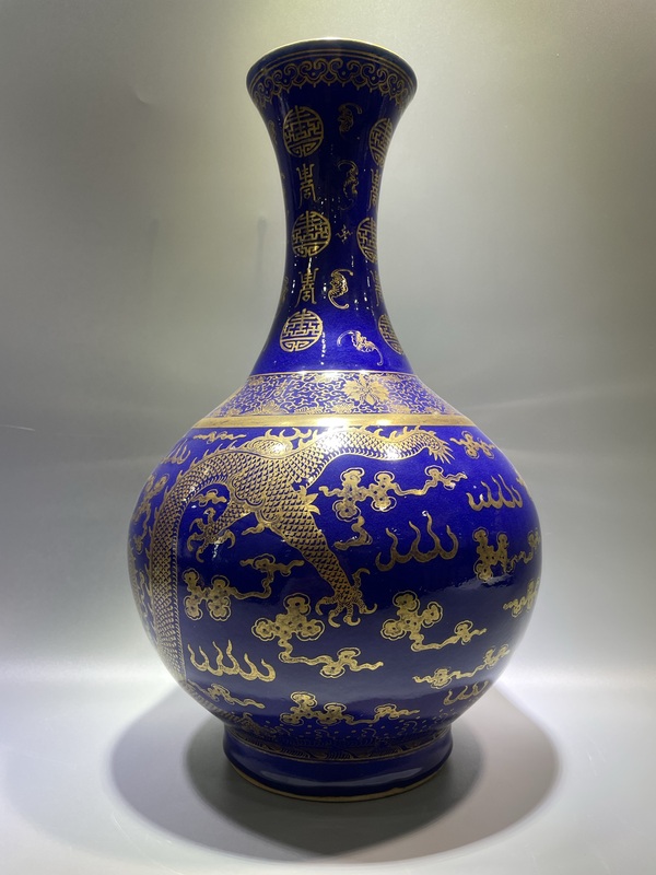 古玩陶瓷清光緒 官窯霽藍(lán)描金雙龍戲珠玉堂春賞瓶拍賣，當(dāng)前價(jià)格180000元