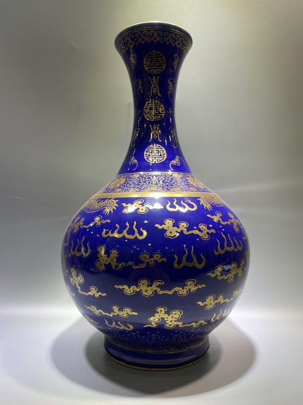 古玩陶瓷清光緒 官窯霽藍(lán)描金雙龍戲珠玉堂春賞瓶拍賣，當(dāng)前價(jià)格180000元