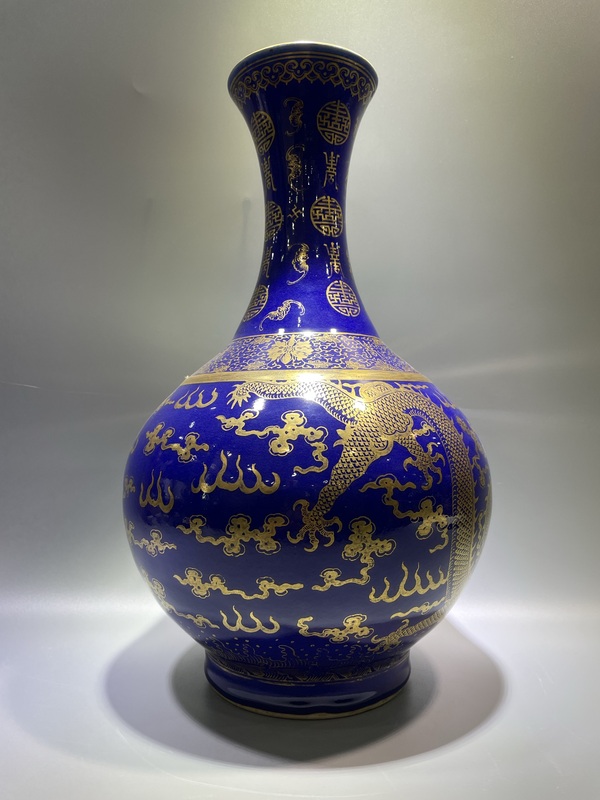 古玩陶瓷清光緒 官窯霽藍(lán)描金雙龍戲珠玉堂春賞瓶拍賣，當(dāng)前價(jià)格180000元