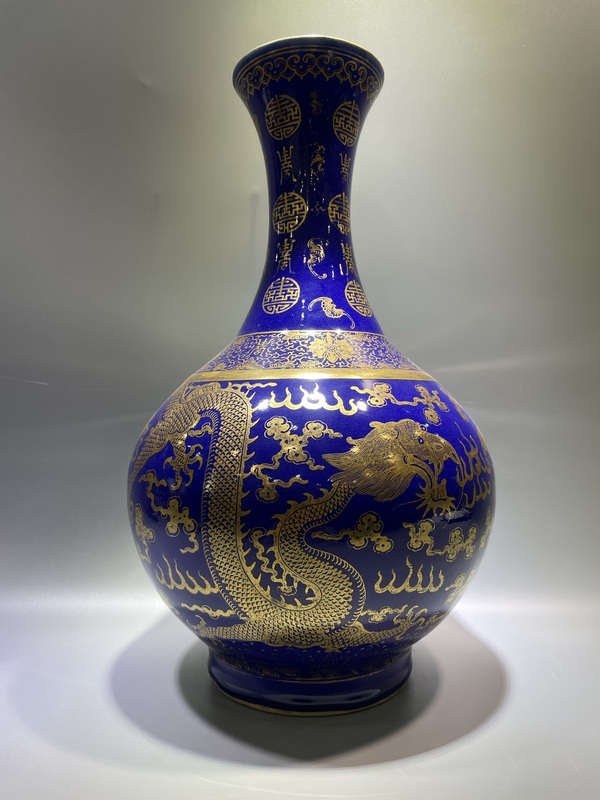 古玩陶瓷清光緒 官窯霽藍(lán)描金雙龍戲珠玉堂春賞瓶拍賣，當(dāng)前價(jià)格180000元