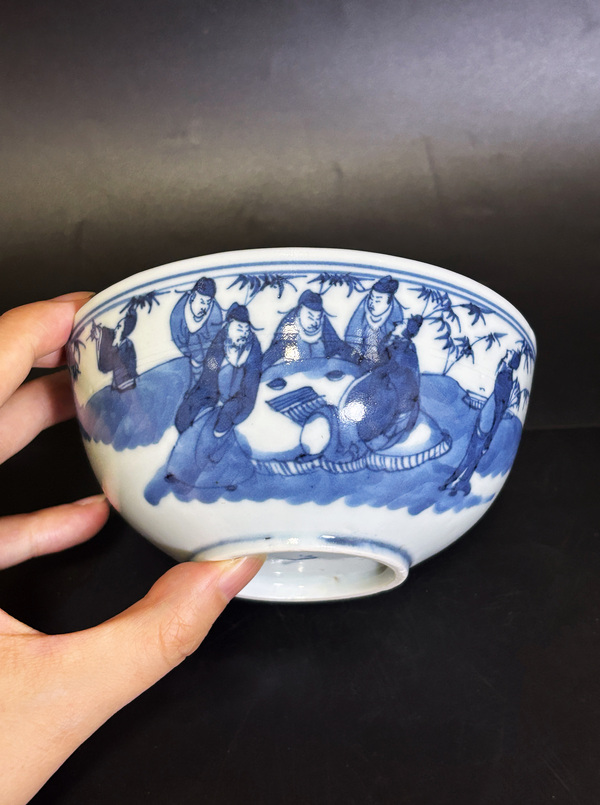 古玩陶瓷清道咸 青花“內府款”竹林七賢臥足茶碗拍賣,當前價格2500元