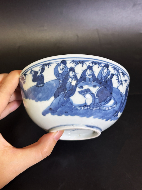 古玩陶瓷清道咸 青花“內府款”竹林七賢臥足茶碗拍賣,當前價格2500元