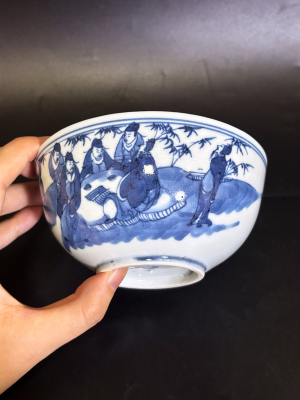 古玩陶瓷清道咸 青花“內府款”竹林七賢臥足茶碗拍賣,當前價格2500元
