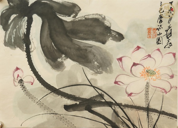 古玩張大千款荷花真品鑒賞圖