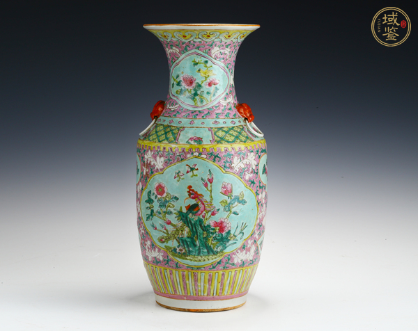古玩清晚·粉彩開窗花鳥紋輔首瓶真品鑒賞圖
