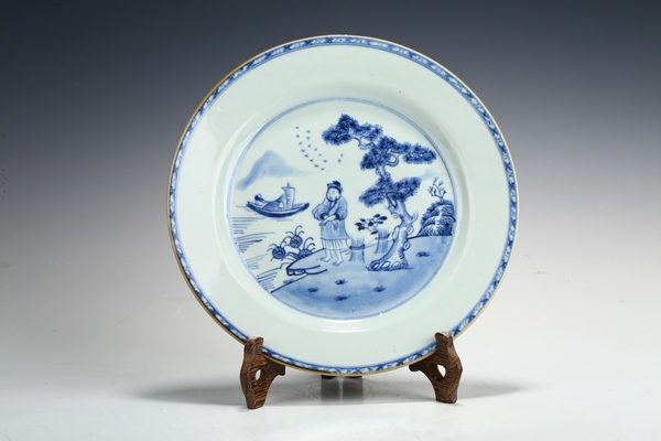 古玩陶瓷清康熙精品·青花漁樵圖折沿盤拍賣,當前價格3500元