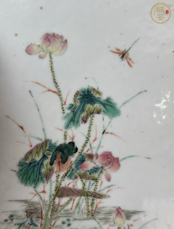 古玩陶瓷粉彩荷塘花卉詩文瓷屏風真品鑒賞圖