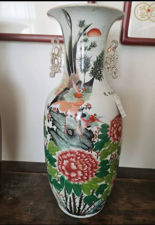 古玩陶瓷粉彩雉雞牡丹圖撣瓶真品鑒賞圖