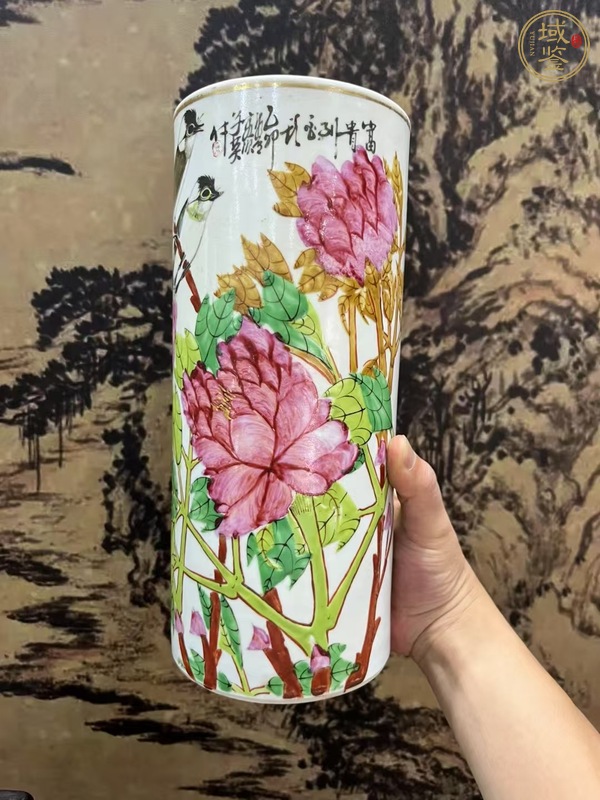 古玩陶瓷淺絳彩花鳥紋帽筒真品鑒賞圖