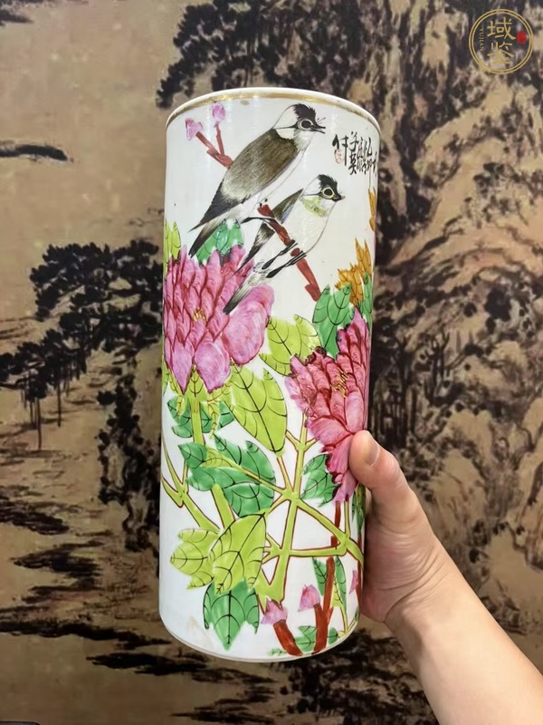 古玩陶瓷淺絳彩花鳥紋帽筒真品鑒賞圖