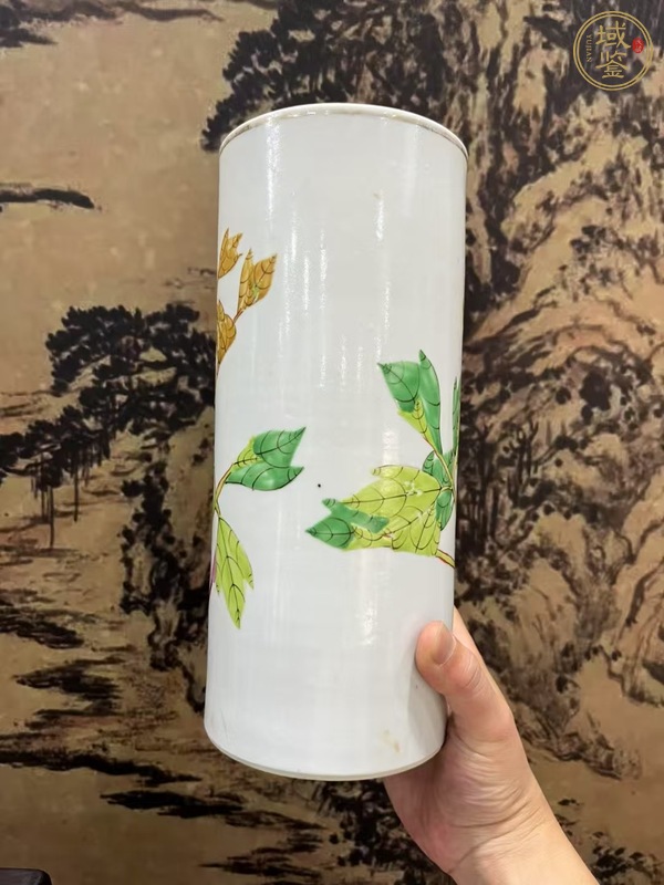 古玩陶瓷淺絳彩花鳥紋帽筒真品鑒賞圖