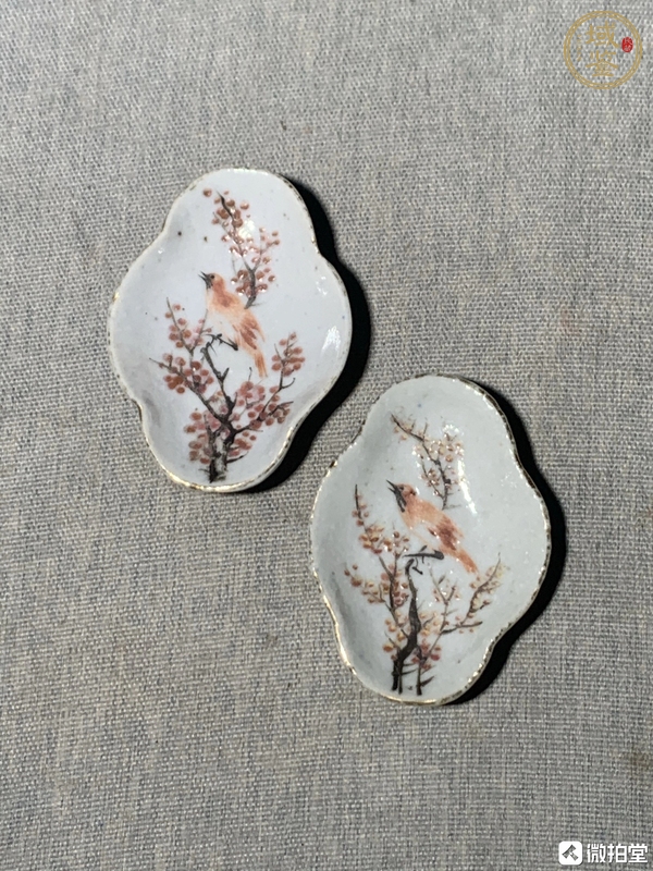 古玩陶瓷晚清淺降彩花鳥海棠筆舔真品鑒賞圖