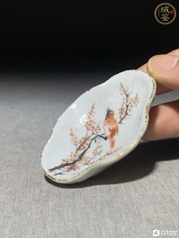 古玩陶瓷晚清淺降彩花鳥海棠筆舔真品鑒賞圖