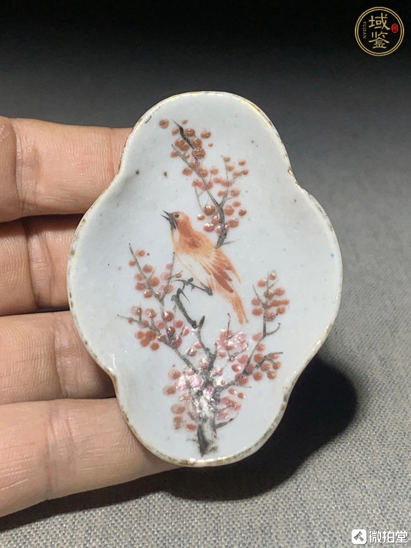 古玩陶瓷晚清淺降彩花鳥海棠筆舔真品鑒賞圖