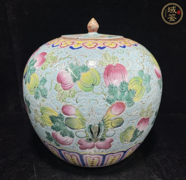 古玩陶瓷粉彩花果蝴蝶紋蓋罐真品鑒賞圖