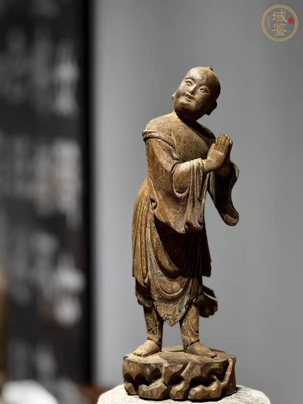 古玩雜項木雕站像善財童子真品鑒賞圖