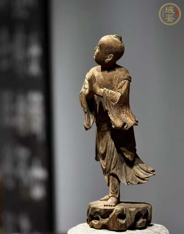 古玩雜項木雕站像善財童子真品鑒賞圖